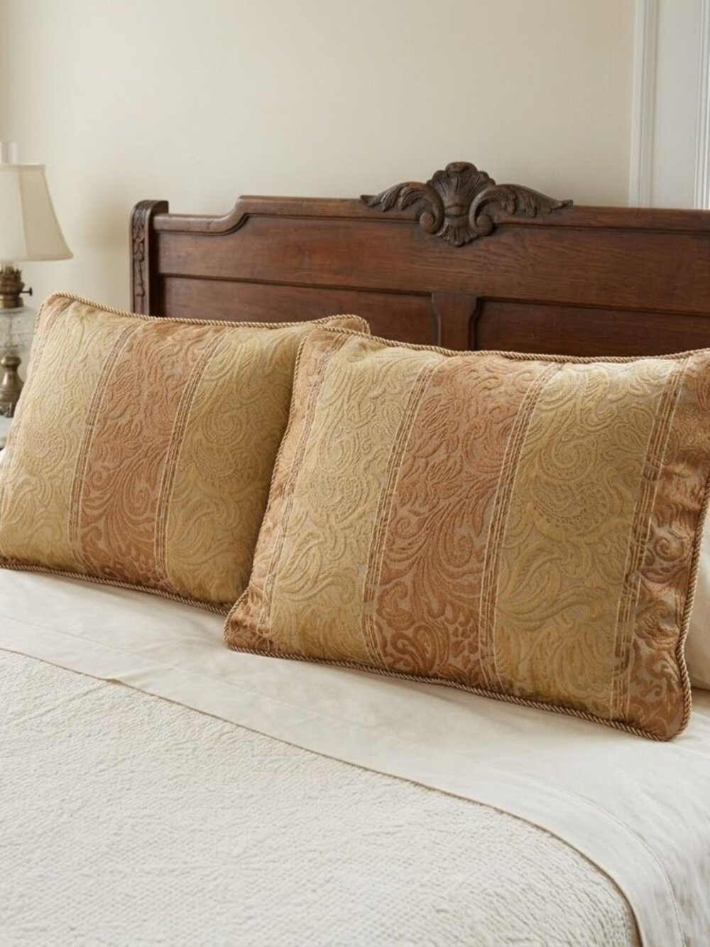 Set of 2 Vintage JC PENNEY Standard Pillow Shams Gold Brocade Damask Stripe PAIR